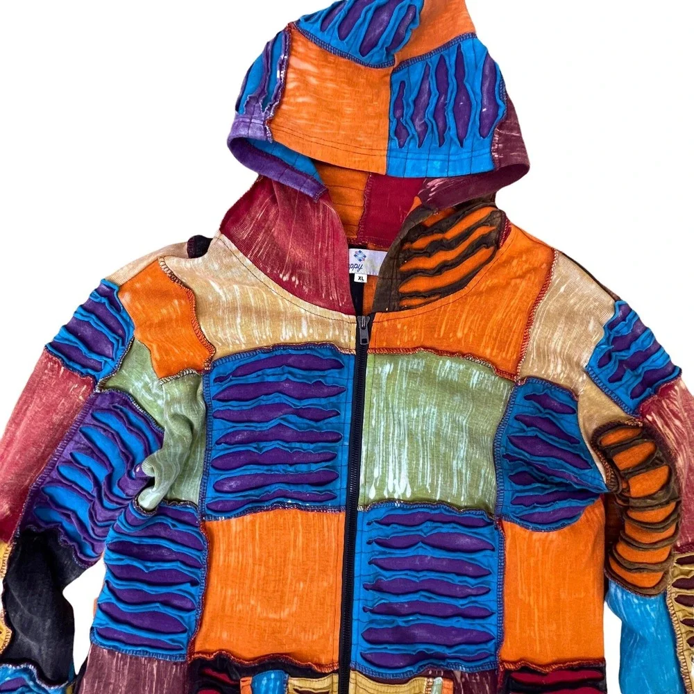 Happy Colors‎ Womens XL Jacket Hoodie Multicolor Patchwork Boho Hippy Distressed